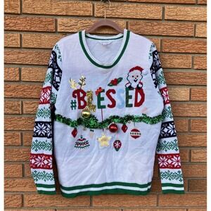 Christmas Sweater 3D Ornaments Blessed Holiday Festive XXL No Boundaries Ugly